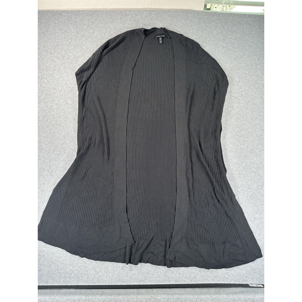 Eileen Fisher Sweater Vest Womens L/XL Black Tencel Lyocell Open Front Long